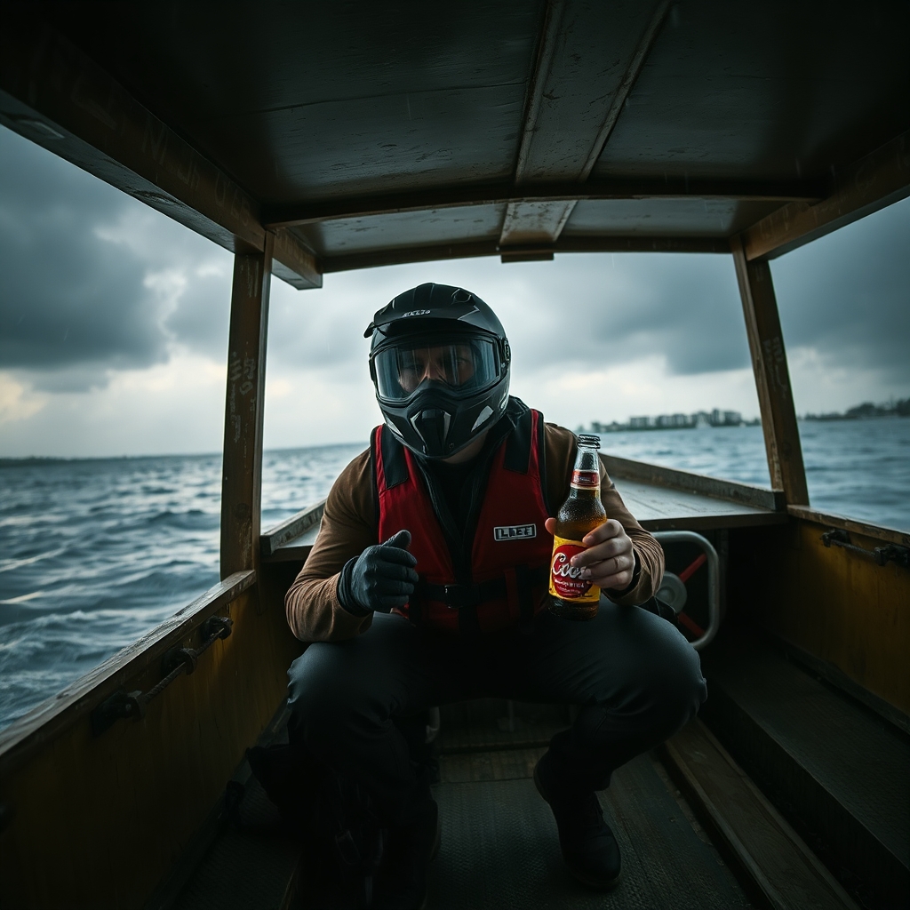 Man taking shelter inside an old houseboat, crouched wearing a motorcycle helmet, life vest and clutching a coors light beer during a severe thunderstorm with torrential rain and strong winds