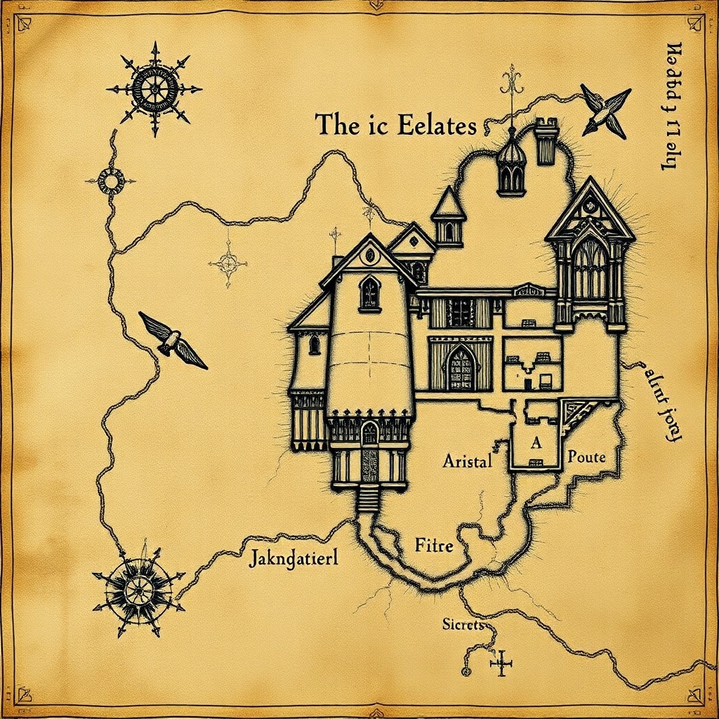 An ancient a weathered map of a gothic estate from the Metzinger family. The map should include secret doors, traps and secrets. The map should appear old, faded and hand drawn in a comic gothic style as if pages of an old journal. The map should be like that of a floor plan of the first floor of the mansion of estate.