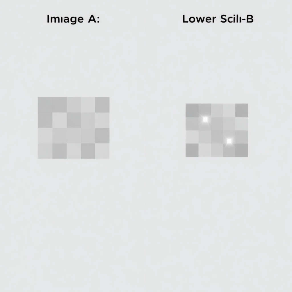 Create a Black and White image that that demonstrates image scale, resolution, and detail as a side-by-side images showing the effect of different image scales:  - **Image A (Higher Scale)**: Show a grid with larger squares (pixels) covering a wider area of the sky. Label it as having a **larger arc-seconds per pixel**.  - **Image B (Lower Scale)**: Show a grid with smaller squares (pixels) covering a smaller area of the sky. Label it as having a **smaller arc-seconds per pixel**.