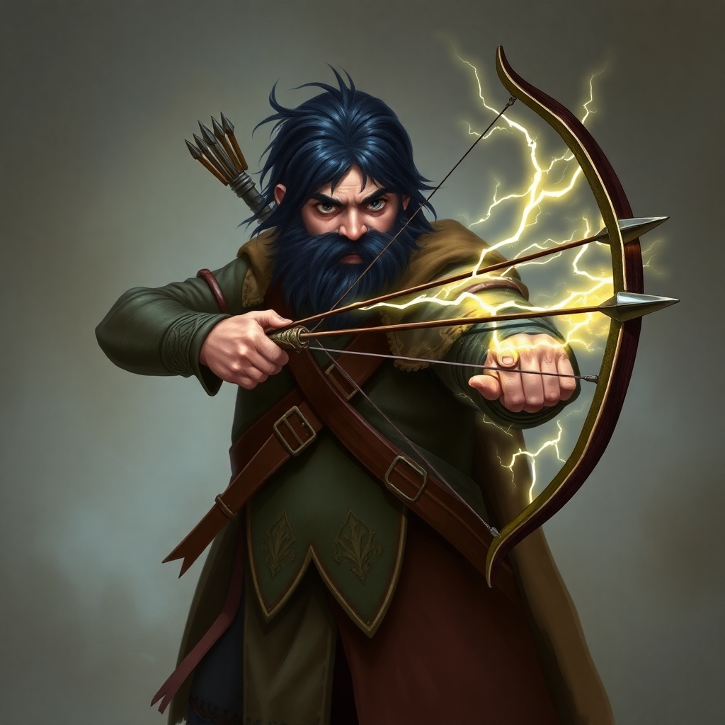 A fifth-edition dungeons and dragons character who is a middle-aged dwarf ranger. He has a wide build, black hair, gray eyes, weilds a magical bow that creates lightning arrows, and wears a mithril breastplate.