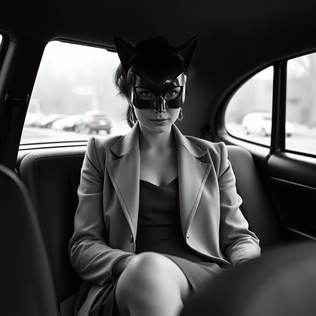a mature woman in a short dress and coat sitting in the backseat, catwoman mask