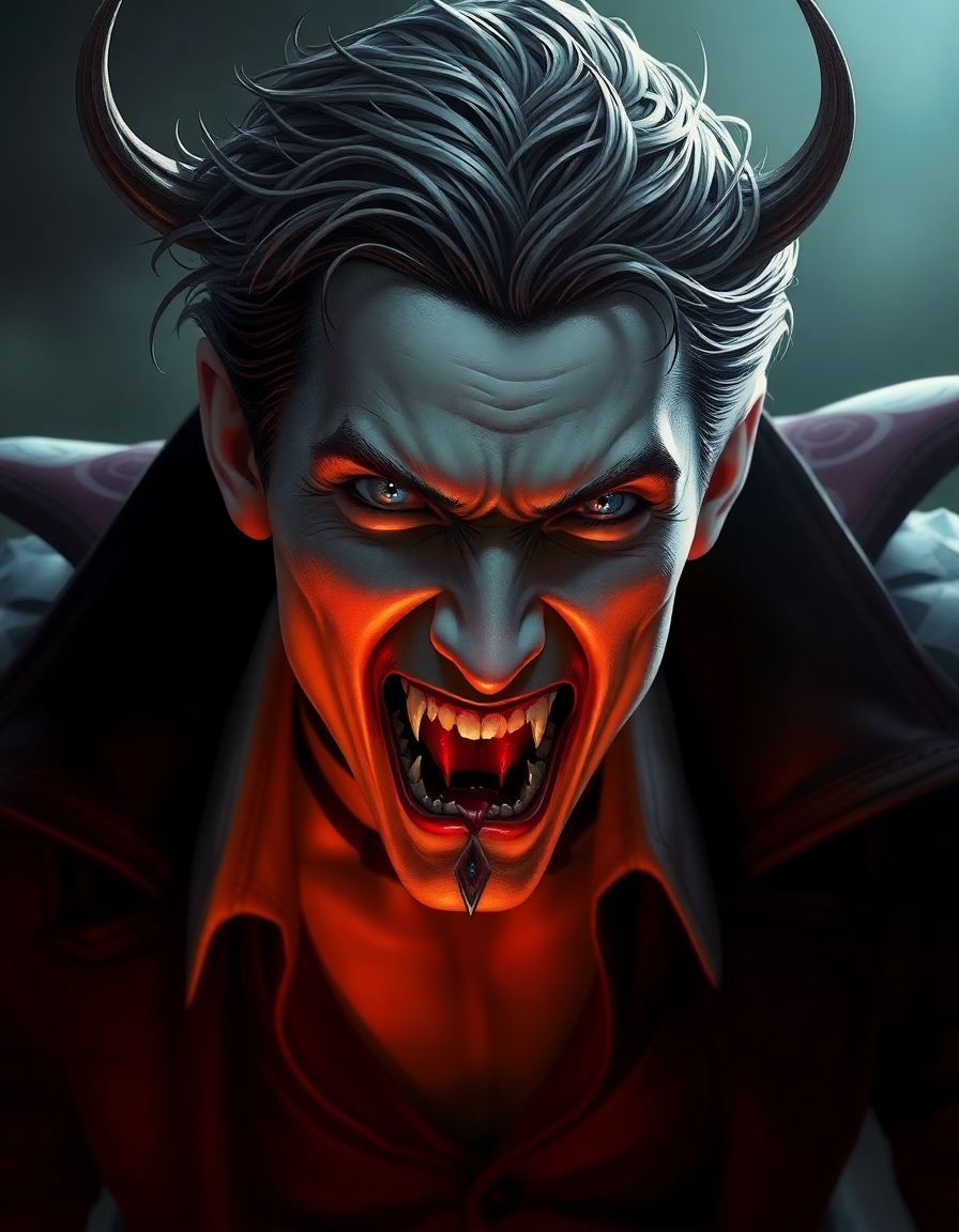 Tom Holland as a vampire with fangs and a bloody mouth