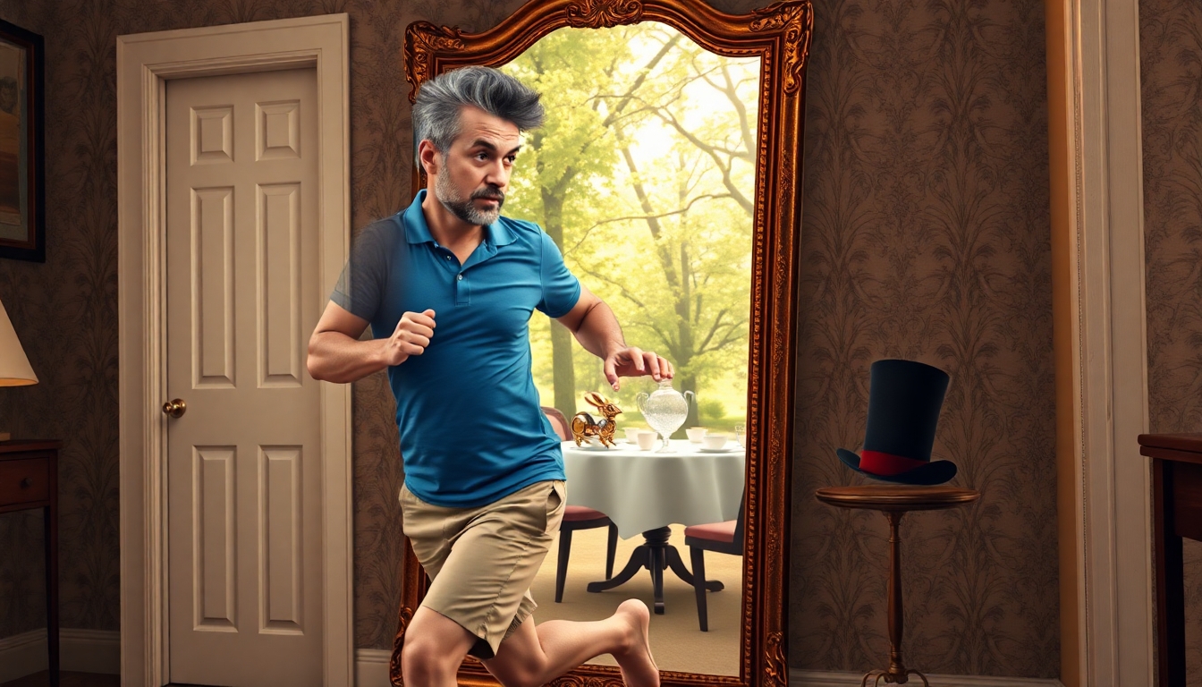 A man with salt-and-pepper hair—distinctly mixed black and grey—and a thin beard, wearing a blue polo shirt and khaki shorts, is mid-stride, about to run through an ornate, vintage full-length mirror. The mirror is angled to clearly reveal it as a magical portal. On the near side, the man is reaching towards a small, steam-punk style robot rabbit with visible gears and metallic features, which is already on the other side of the mirror. Through the mirror, the scene transforms into a whimsical forest clearing with dappled sunlight. In the clearing, a table is set for tea, featuring an oversized teapot and a large, extravagant top hat beside it. The overall atmosphere is vibrant, surreal, and storybook-like, emphasizing the contrast between the ordinary room and the fantastical tea party in the forest.