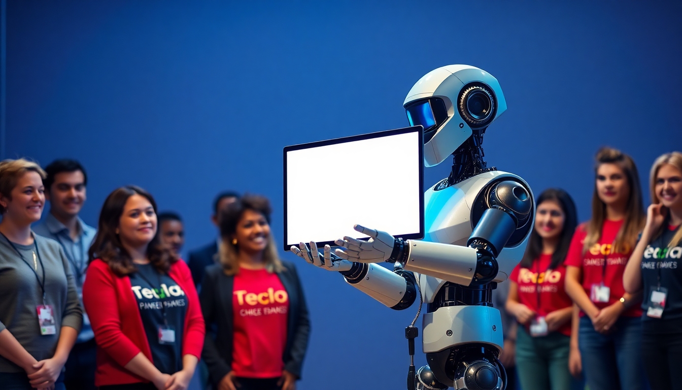 A magician on stage in front of people dressed in business casual or wearing t-shirts with tech company logos. The magician is robot. The robot is pulling a computer screen out of a hat