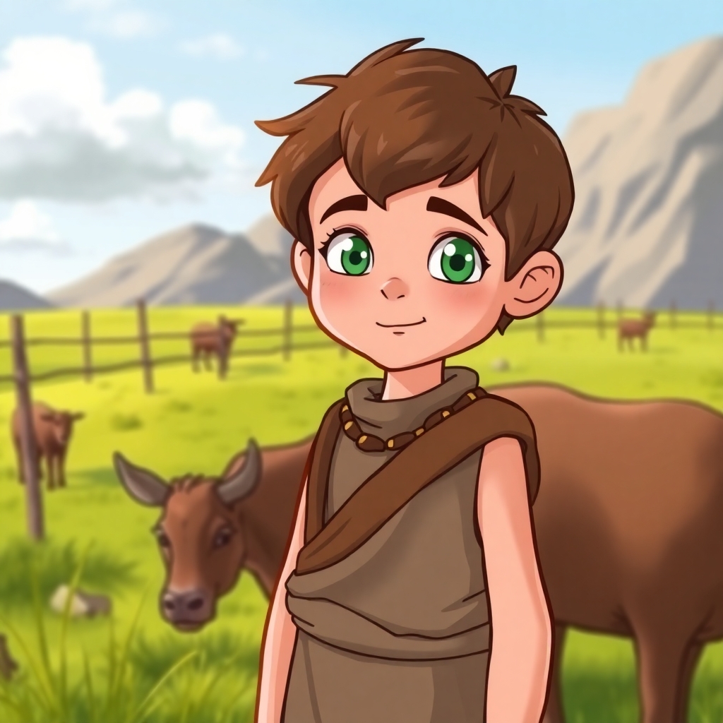 a cartoon drawn little boy with brown hair and green eyes at age 13 on a farm. This is for a children's book so make him cute, innocent and likeable for the reader to look at. I would like the same character doing the following: wearing neanderthal 300 BC time period clothes. https://www.imagiyo.com/images/mxkaz6Y5aJ0P/view