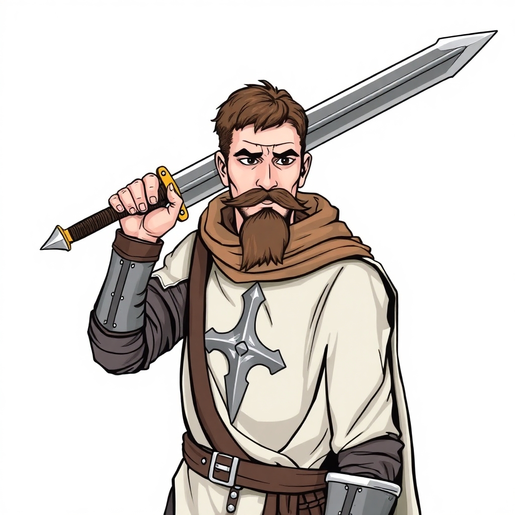 A warhammer fantasty Knight of Ostermark. Young and dressed in clothing similar to that of the Holy Roman Empire. He is carrying a long Flamberge sword over his shoulder. Drawn in comic style. He should have a goatee and long moustache..