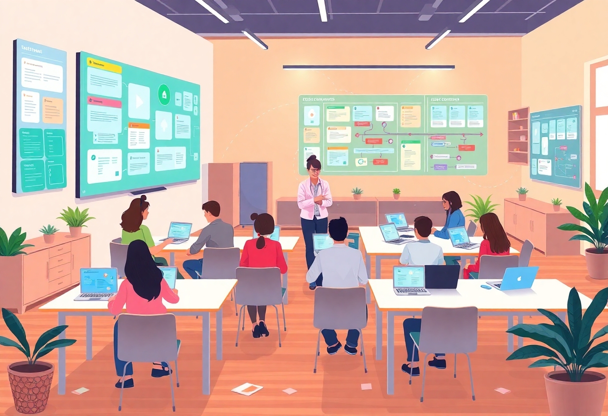 A detailed modern flat vector illustration in clean editorial illustration style showing a full scene inside a vibrant digital classroom or collaborative workspace where technology actively supports structured teamwork. The environment is a spacious interior with visible walls, floor, desks, chairs, shelves, plants, and warm ambient lighting. Multiple learners sit around shared tables, each using laptops or tablets, while a facilitator guides the group. Large digital screens on the walls display shared documents, task boards, mind maps, and step‑by‑step workflows, symbolizing how technology makes ideas, decisions, and processes visible.  Include subtle visual metaphors for organized collaboration: softly glowing connection lines between devices, layered digital windows representing shared thinking, color‑coded task elements, and a timeline or progress board that hints at transparent, well‑structured teamwork. Show students discussing, pointing at screens, and contributing to a coordinated learning process, emphasizing that collaboration is intentional, guided, and equitable rather than spontaneous or chaotic.  The environment should feel warm, inclusive, and practical: soft‑colored walls, wooden or neutral flooring, comfortable seating, scattered notes, and natural light from a window. The scene must clearly communicate how digital tools transform group work into a structured, fair, and effective learning ecosystem.  Style: modern flat vector illustration, smooth shapes, soft gradients, slight depth, clean editorial design. Color palette: warm neutrals, soft blues, muted greens, gentle oranges, and subtle tech‑glow accents.  CRITICAL: full scene composition with a complete environment. The background must be part of the scene with clearly visible environment elements such as walls and floor or natural surroundings. The image must be fully filled edge‑to‑edge. Absolutely no white background anywhere in the image. No blank or empty areas. No isolated objects. No floating composition. No transparent background. The background is not a studio backdrop, it is a real environment.  No text, no watermark.