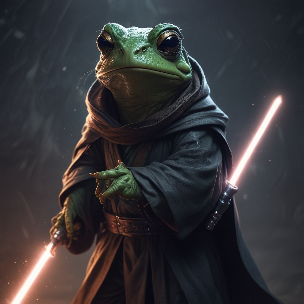 a jedi frog holding a light saber
