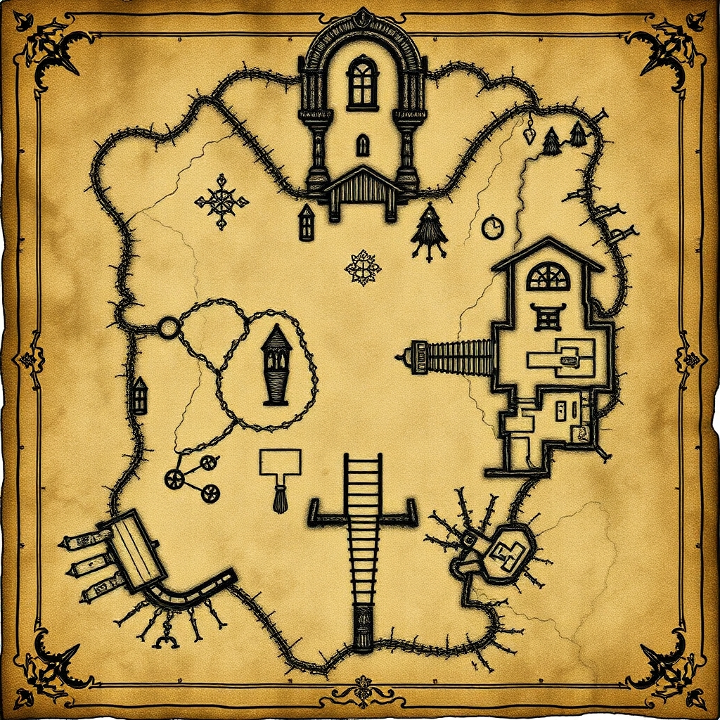 An ancient a weathered map of a gothic estate from the Metzinger family. The map should include secret doors, traps and secrets. The map should appear old, faded and hand drawn in a comic gothic style as if pages of an old journal. The map should be like that of a floor plan of the first floor of the mansion of estate.