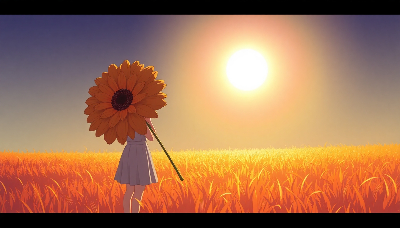 A girl holding a huge flower, micro art, girl standing in the autumn field basking in the sun, autumn sun shining brightly, simple background, simple lines, a lot of white space, tilted picture, upward view, strong visual impact