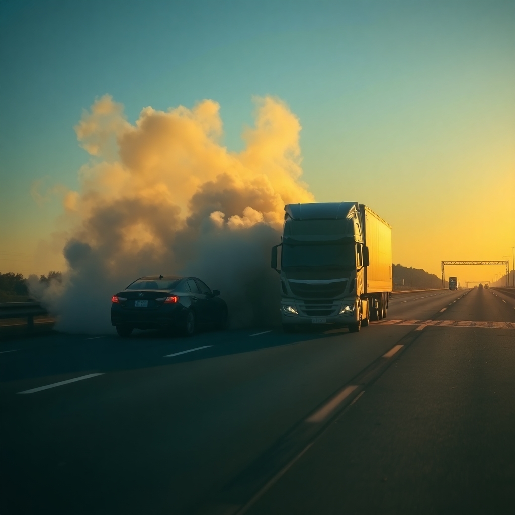 Major accident between a truck and a small car on a highway with smoke, morning lighting