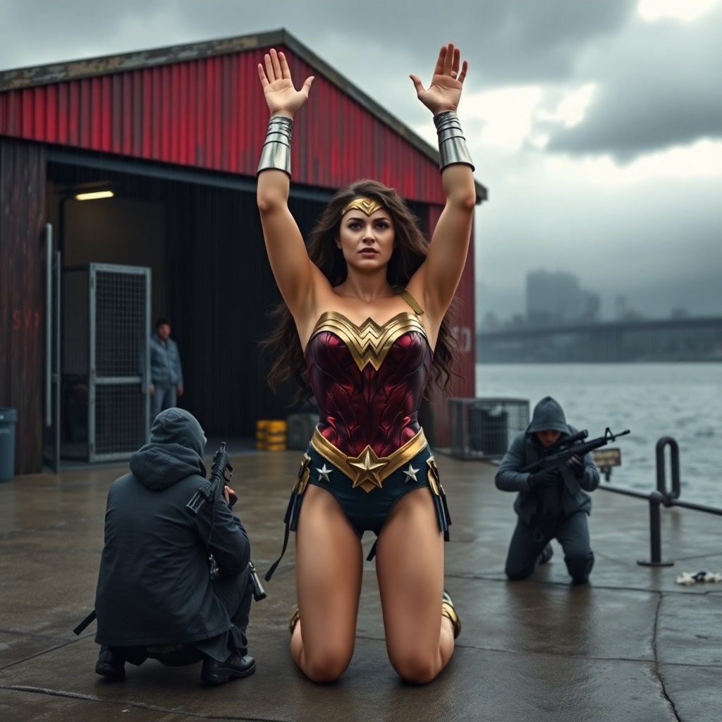 Wonder Woman, on her knees with her hands raised over her head before a warehouse where kidnappers are holding their victims, offering to exchange herself for the hostages, just as an afternoon storm--clouds, wind, and rain--arrives on the riverfront scene, is surrounded by the armed kidnappers.