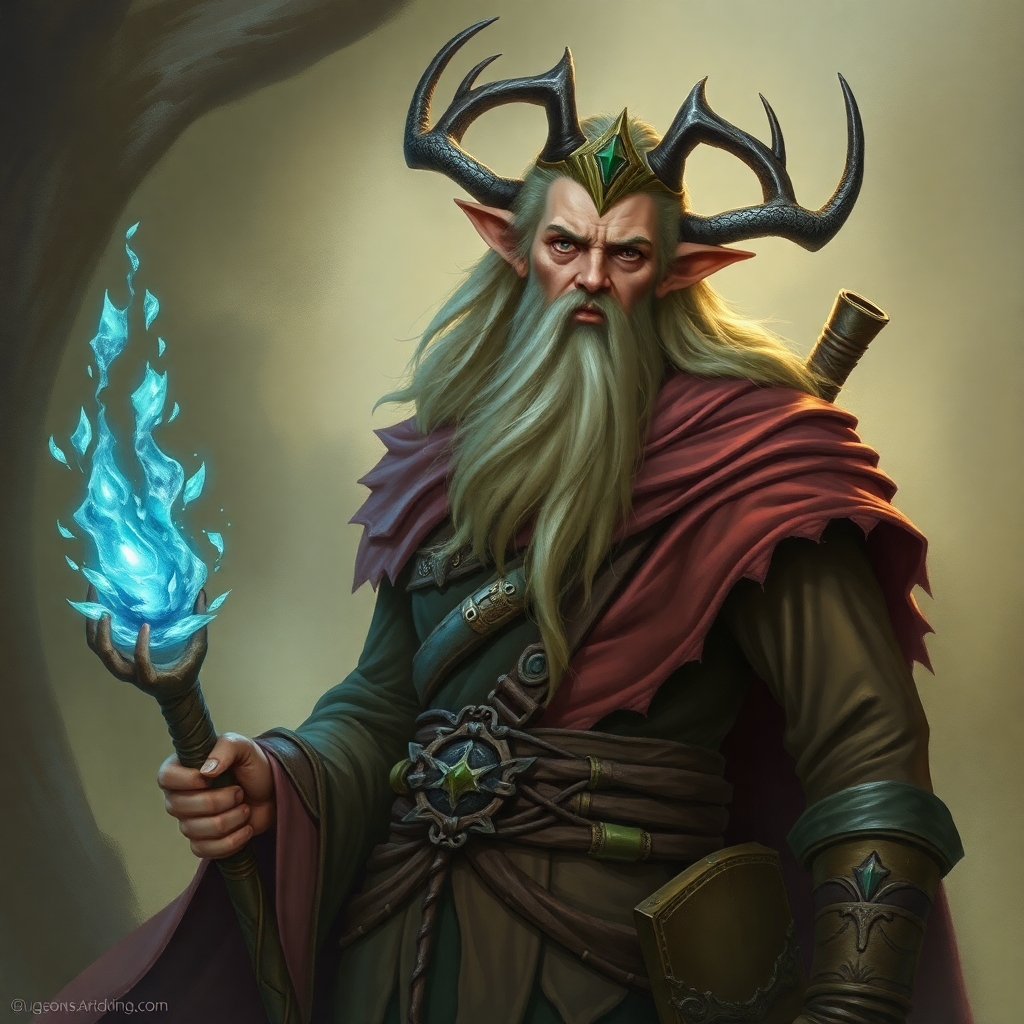 A fifth-edition dungeons and dragons characer who is a male eladrin wildshape druid.