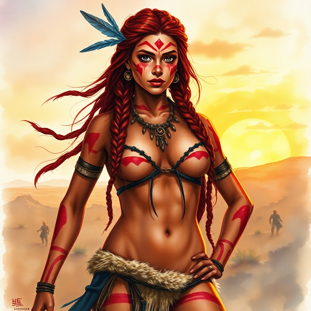 A watercolor painting of a strong, red-haired tribal warrior woman standing confidently in a windswept, post-apocalyptic landscape. She has long braided hair with a feathered accent, vibrant red warpaint across her face and body, and any jewelry and accessories fur and tribal inspired by nature. Her pose is heroic and proud, with a glowing sunset in the background casting warm hues. The style is soft, atmospheric watercolor with fine detail on her facial expression and body paint.  She has dark skin like a half black girl. Her microbikini is so small and tiny and tight it looks painted on and blends in with her warpaint. Her bottom clothing is a tiny fur thong