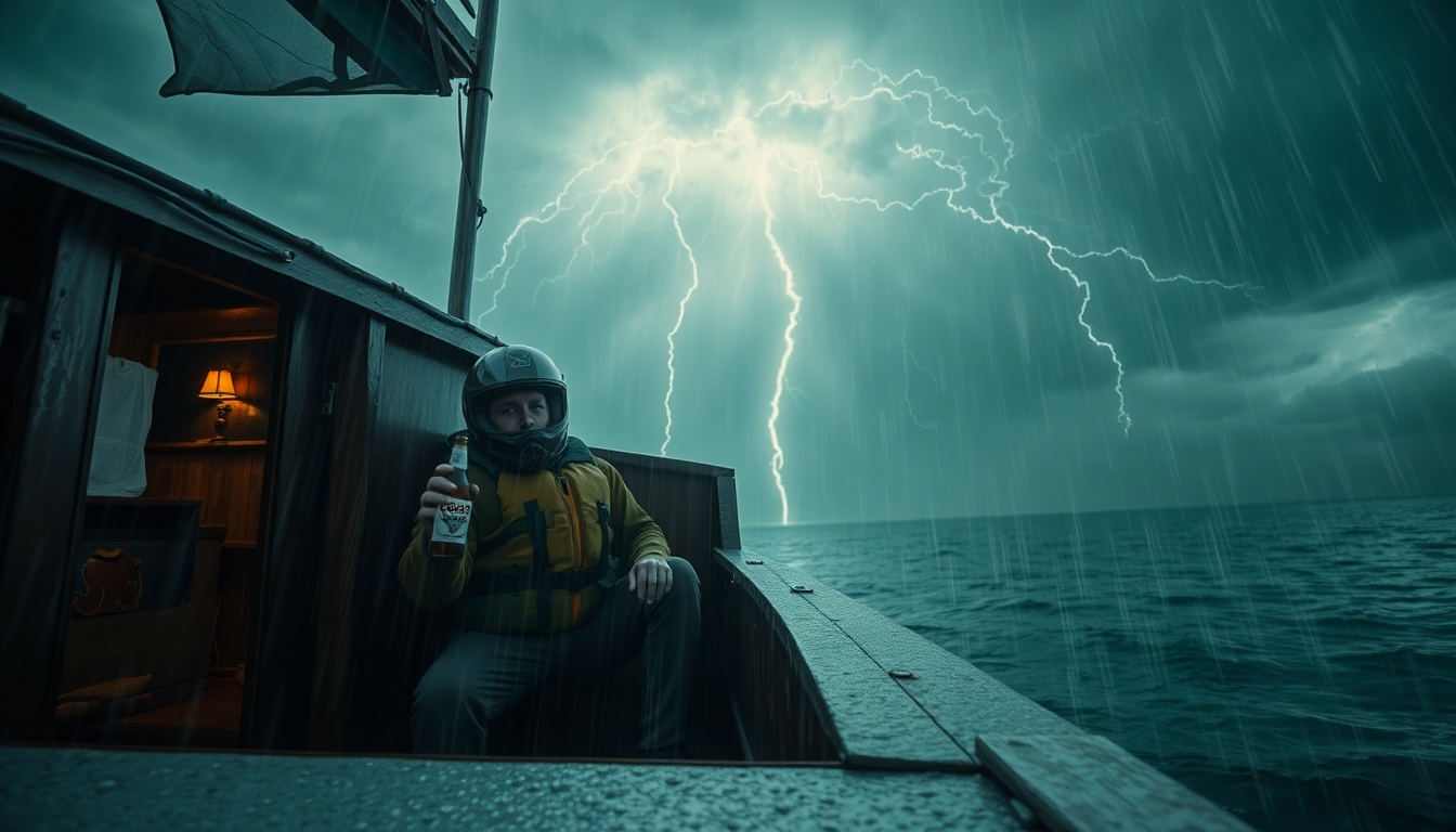 Man terrified taking shelter inside the lower cabin of a docked old houseboat, crouched wearing a motorcycle helmet, life vest and clutching a coors light beer during a severe thunderstorm with torrential rain and strong damaging winds