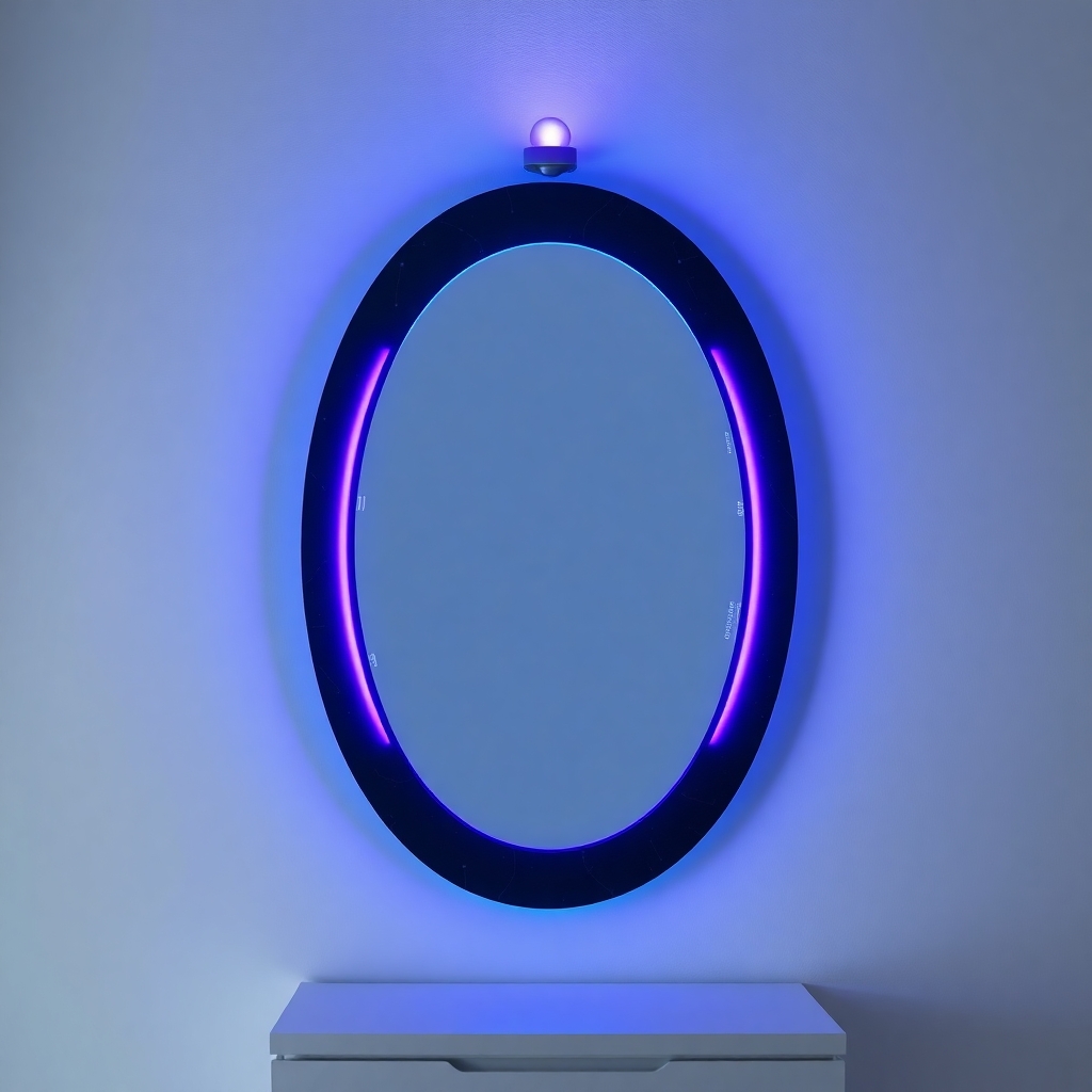 A vertical oval mirror with a dark onyx frame, set against a clean, ambient-lit background. A soft blue halo wraps the edge of the mirror, while a smaller purple ring pulses closer to the center. Between the two rings, illuminated glyphs and techno-data shift in patterns. At the top of the unit, a glowing beacon emits a subtle upward beam — symbolic and minimal, not overpowering.