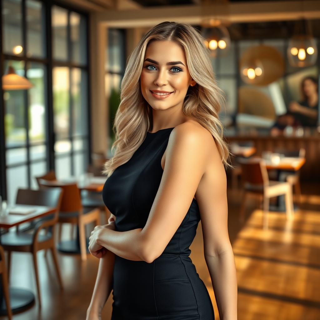 A sophisticated adult woman commands the frame, captured in a warmly lit, modern restaurant interior. Her confident stride brings her slightly toward the viewer, her shoulders relaxed and a natural, assured smile gracing her lips. Her long blonde hair, styled in soft, cascading waves, frames a face adorned with polished yet natural makeup, highlighting her realistic skin texture. She is impeccably dressed in a sleek, black sleeveless mini dress that boasts a high neckline and a tailored fit, accentuating her elegant silhouette. The ensemble is completed with a pair of equally elegant heels. The lighting is a masterful blend of soft ambient interior illumination and the gentle kiss of daylight filtering through large windows, creating flattering shadows that sculpt her features and form. The overall effect is one of cinematic warmth, casting a luxurious glow over the scene. In the background, the restaurant's modern wooden floors gleam softly, and stylish hanging pendant lights emit a warm glow. Tables and chairs are softly blurred, creating a beautiful bokeh that keeps the focus squarely on the woman while providing a rich, atmospheric context. The shot embodies a professional fashion editorial style, indicative of a full-frame camera with an 85mm lens at an f/2.0 aperture, resulting in exquisite detail, a shallow depth of field, and a timeless, high-end aesthetic.