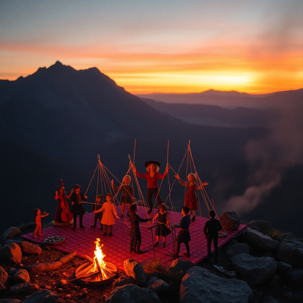 a bunch of string puppets dancing to jerry garcia on a small stage on a big mountain with a fire burning down the western slope at dusk