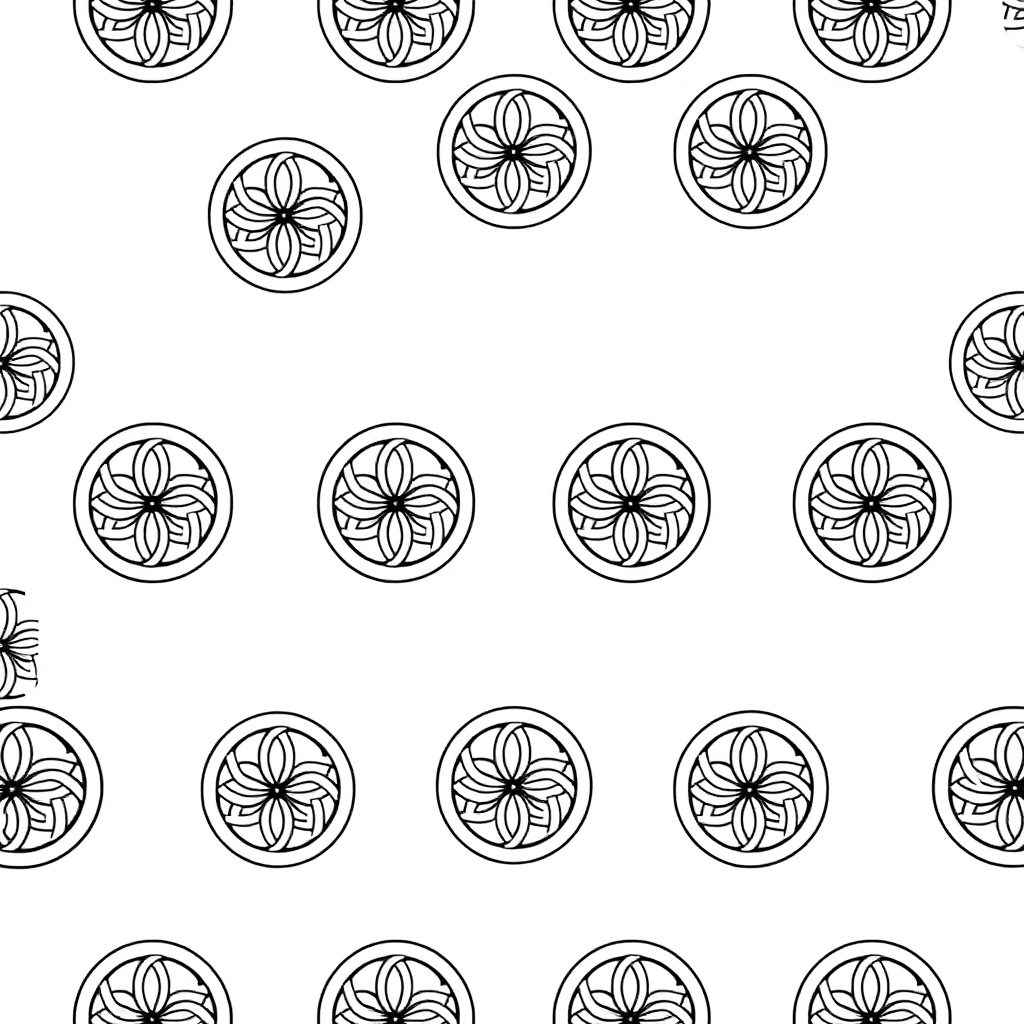 A seamless geometric pattern composed of interlocking circles forming a continuous row. Each circle contains a symmetrical knot like motif with precise, thin black linework. The design is highly structured, mathematical, and evenly spaced, with perfect radial symmetry inside each circle. The overall pattern is horizontally across a rectangular frame on a solid white, light, neutral background. Style: clean vector illustration, crisp lines, no shading, no color variation, uniform stroke weight.