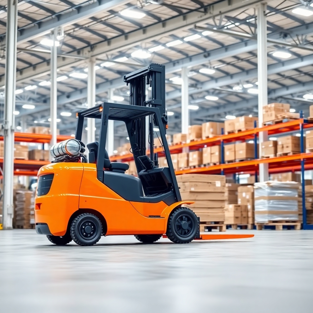 A modern forklift in a clean German warehouse, orange safety colors, professional industrial photography, bright lighting