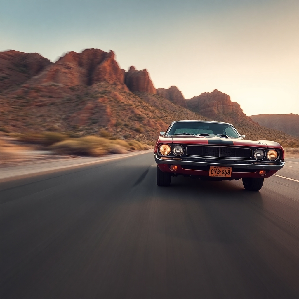 Vintage muscle car driving very fast on an Arizona highway. Motion blur. Low angle. Evening lighting.