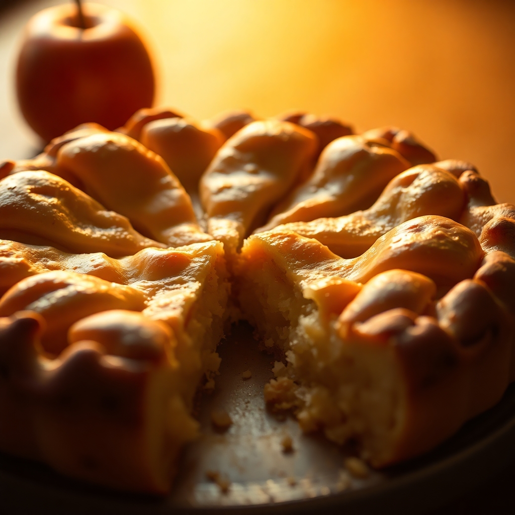 A realistic image of a warm apple pie with a slice cut out, soft golden backlighting