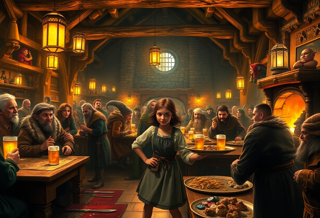 Bustling fantasy tavern interior, richly detailed, crowded with expressive humans, elves, and gnomes in varied medieval garb, warm golden lighting from lanterns and hearth, intricate wooden beams and stone walls, bards playing, dice games, laughing patrons, spilled ale, full plates of food, in the foreground a young serving girl in a simple apron pushes a boorish drunk aside with her tray, dynamic composition, emotional body language, layered depth, FLUX Schnell style — cinematic, hyper-real lighting with soft textures and glowing highlights