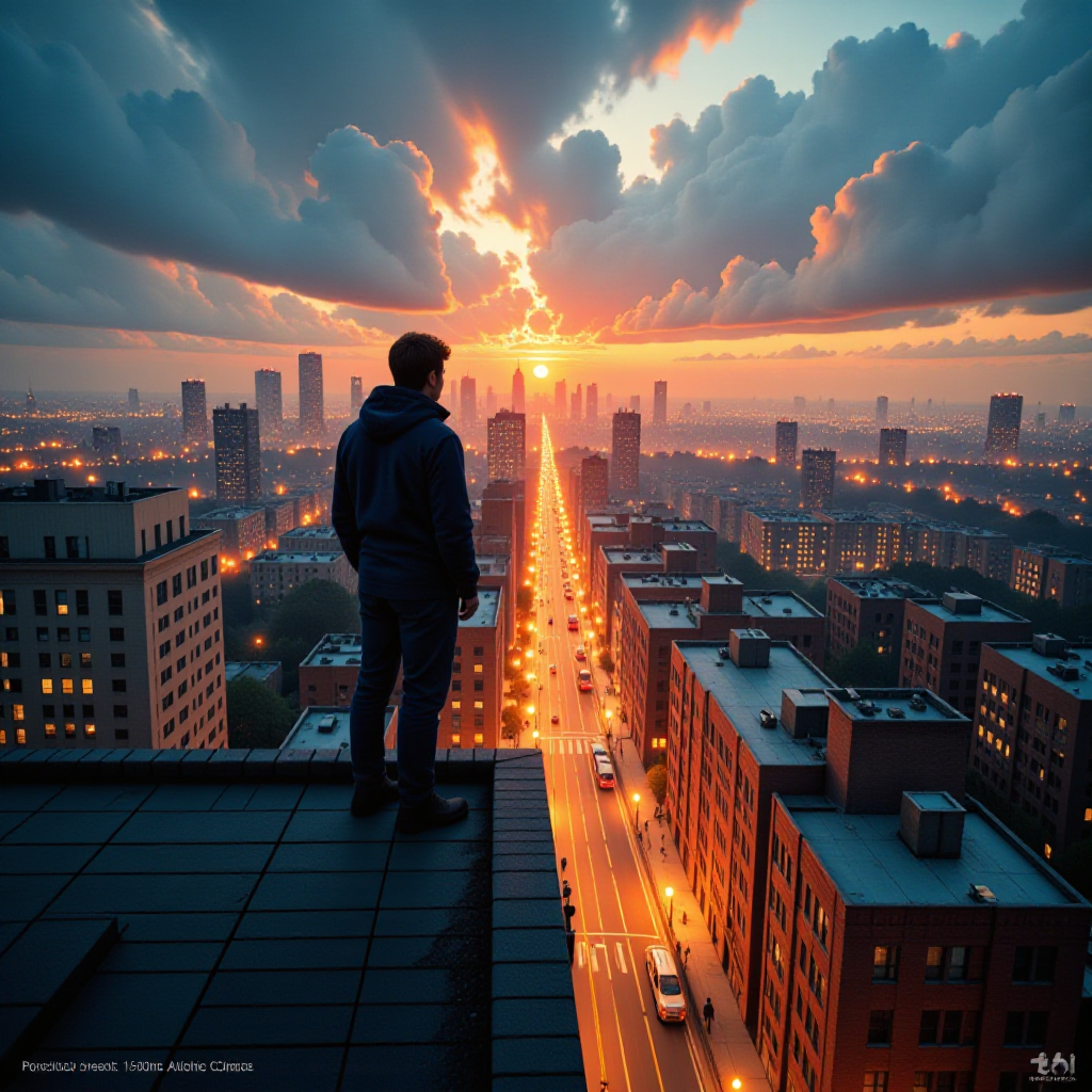 (((Fine art photography:1.8))), ((cinematic lighting:1.8)), ((grainy Polaroid aesthetic:1.8)), ((warm light:2.0)), ((soft golden light:1.8)), (((expressive:1.6))), ((concept art:1.7)), ((soft golden light:2.0)), (((light breaking through clouds:1.6))), ((depth of field:1.7)), (((atmospheric perspective:1.8))) A breathtaking urban landscape captured from a high vantage point, showcasing the sprawling cityscape during twilight. The scene features a silhouetted figure standing on the edge of a rooftop, gazing out over a vibrant skyline. The golden glow of streetlights creates a shimmering pathway through the city, contrasting with the deep blue and orange hues of the evening sky. Buildings of various heights, illuminated windows, and architectural diversity populate the foreground, adding depth and texture. The viewpoint emphasizes the vastness of the metropolis, while the atmosphere is both serene and contemplative, evoking feelings of awe and introspection. The composition balances the silhouetted figure with the expansive city backdrop, drawing the viewer's eye towards the horizon. Ideal for showcasing modern urban life and the beauty of cityscapes at dusk.