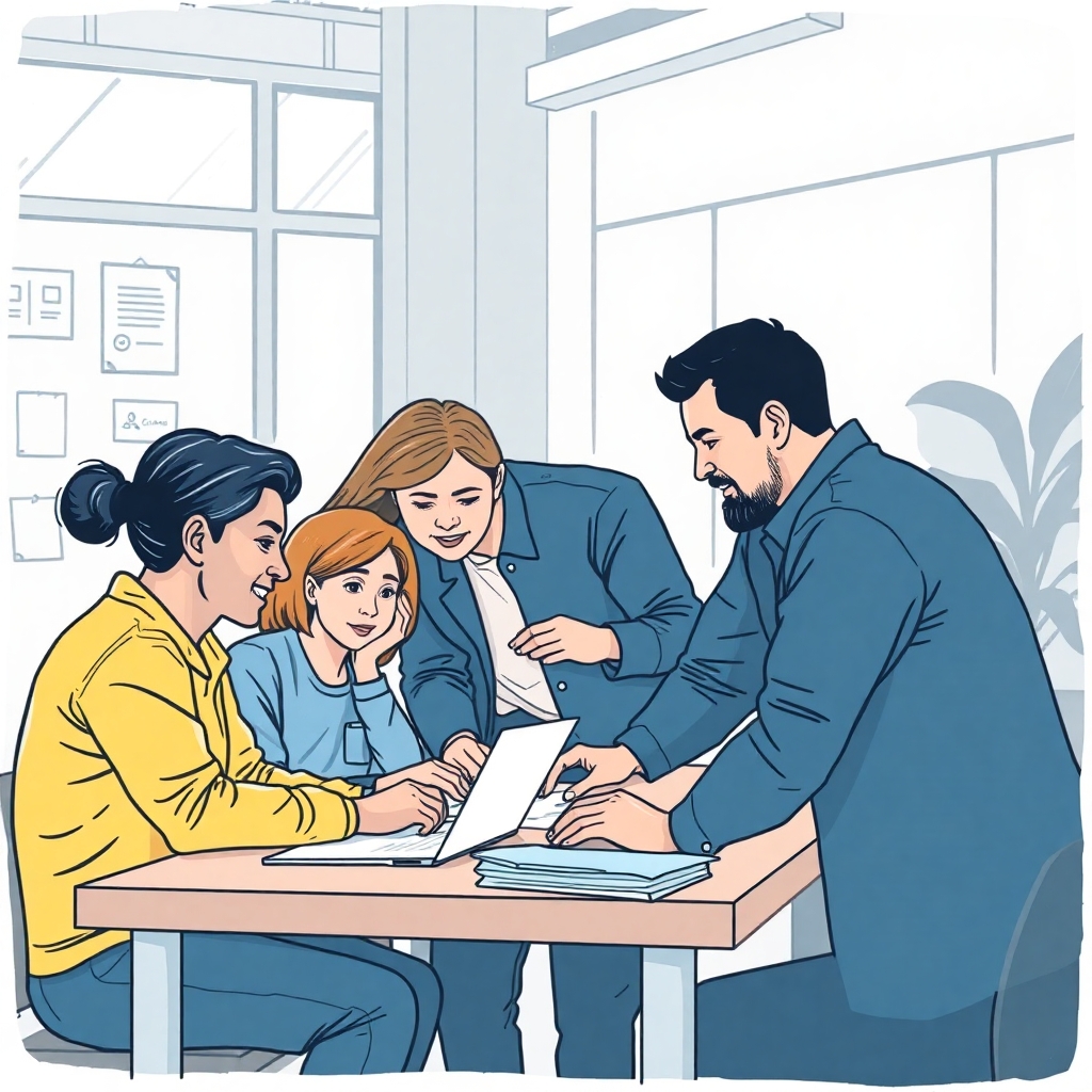 A drawing of a multigenerational group or workers collaborating at a business