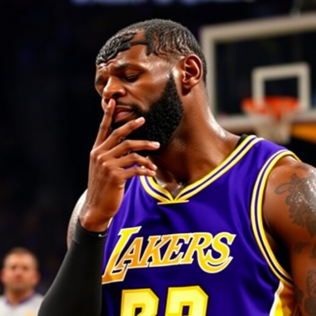 lebron James crying in a Lakers uniform