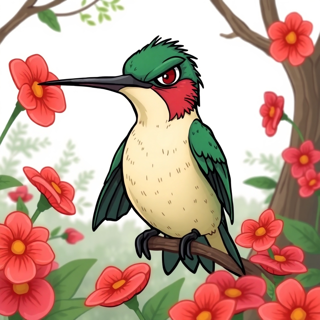 Please create a cartoon drawing  of a very sinister and strong looking hummingbird who is trying to take over another hummingbird's garden. for a children's book.