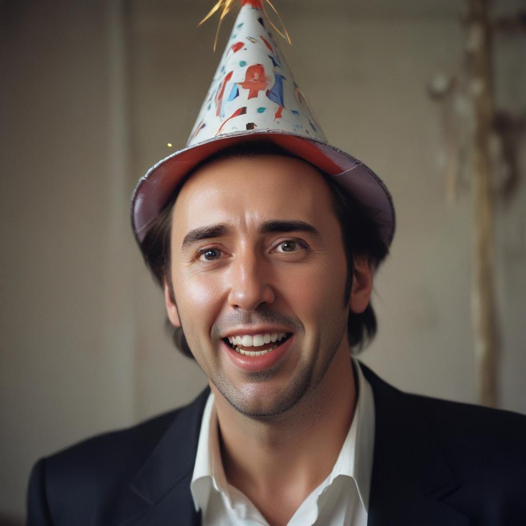 happy and crazy Nicolas Cage in a party hat