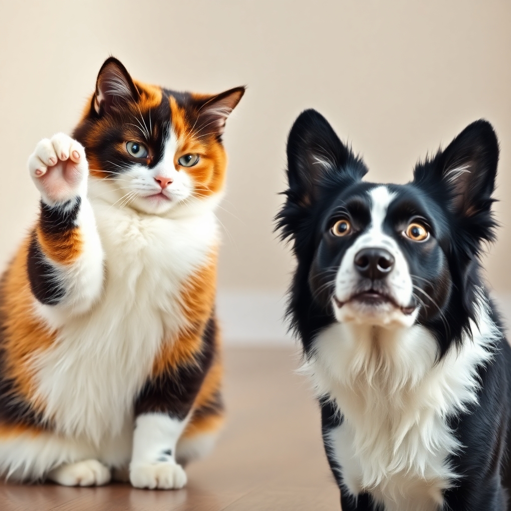 A classic portrait of a chubby tricolor female cat preparing to swipe at a frightened black-and-white female Border Collie. The cat, with its vibrant tricolor fur, has an mischievous expression and is lifting its right front paw, ready to strike. The Border Collie, in stark black and white, appears startled, with wide eyes and a nervous posture. The background is soft and blurred, with natural lighting highlighting the characters’ emotions. The animals’ expressions are detailed and lifelike, capturing the playful tension in the moment with a timeless, classic feel