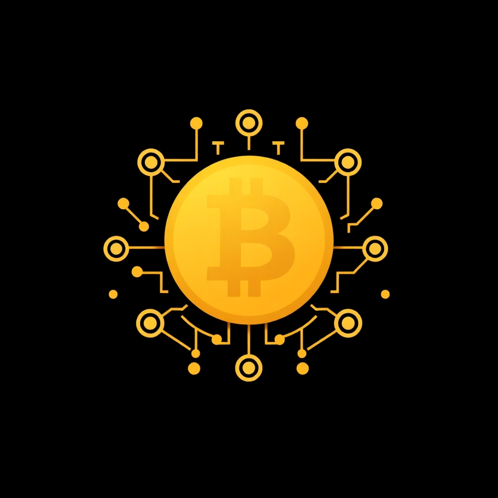 Minimalist logo design for a crypto exchange, Bitcoin symbol combined with blockchain nodes, gold and black color scheme, vector style, clean background