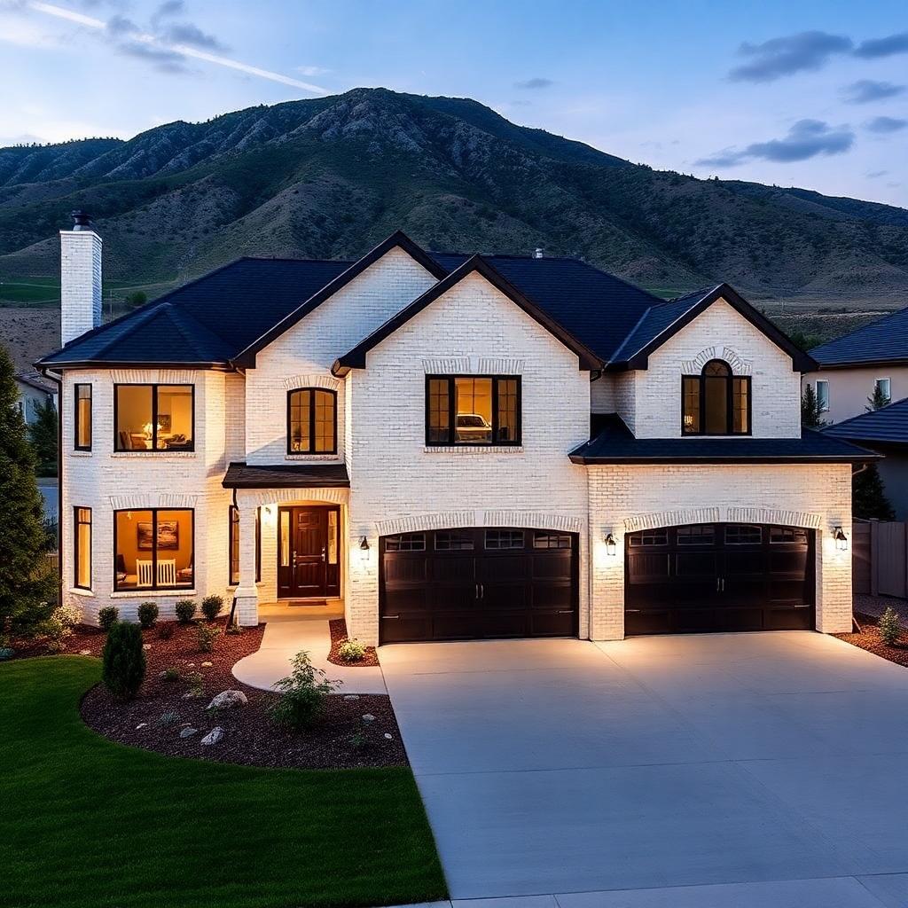 5500 square house, white brick, based in st george utah, black roof, 4 car garge split up with 2, 2 car garages, two stories