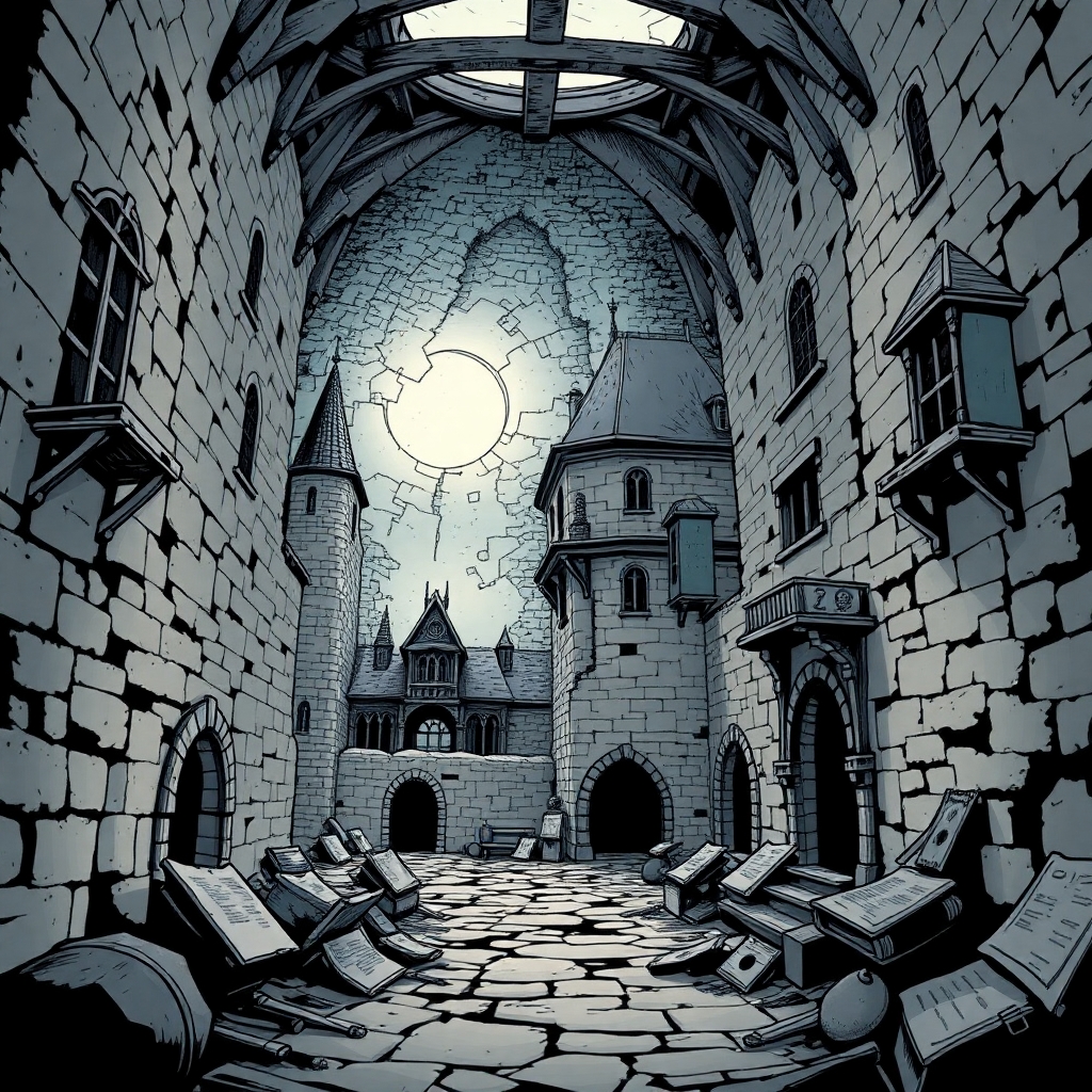 A ruined archive of noble estates drawn in comic gothic style and in Mordheim.