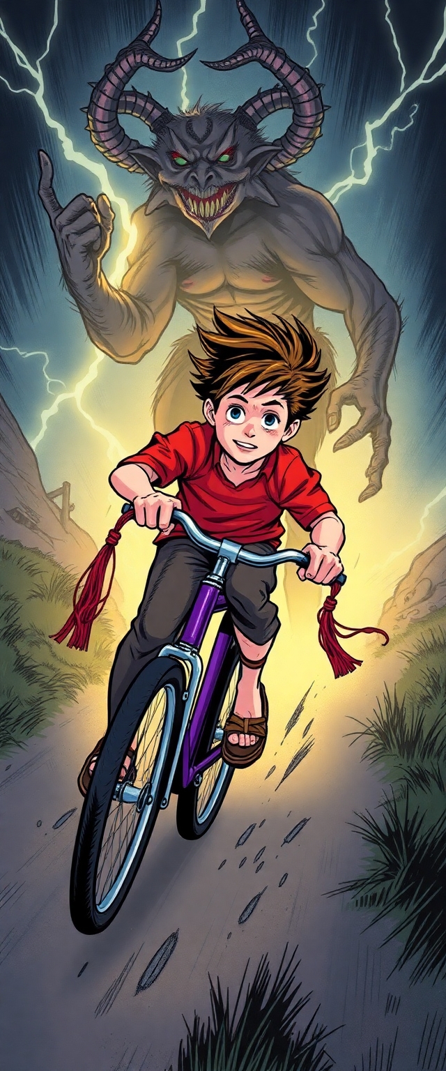 12 year old nerd boy racing away from a wendigo on his purple bicycle with tassels coming from the handles