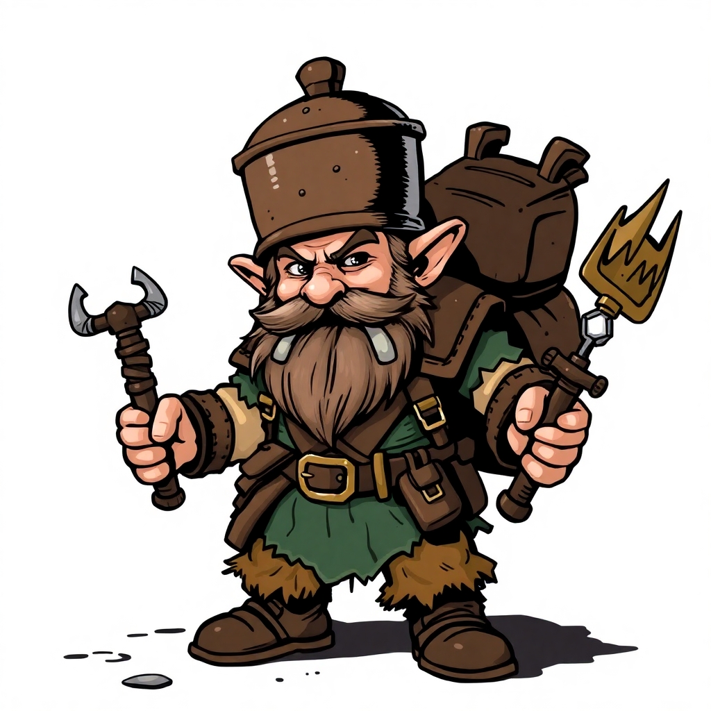 a warhammer fantasy halfling with a cooking pot on his head, a ratcatcher's backpack and a branding iron in his hands drawn in comic style