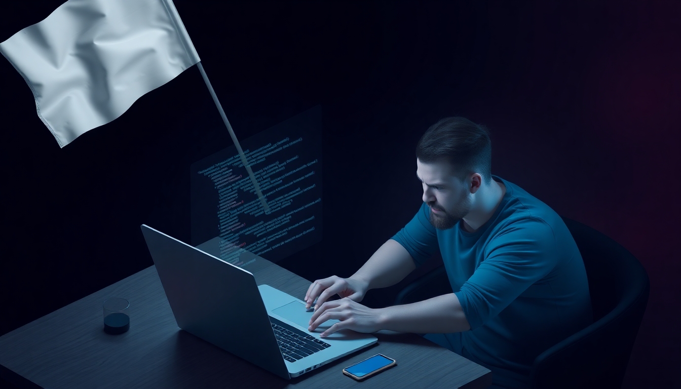 A Software-Developer working at his laptop with code line on the display. The developer is raising a white flag.