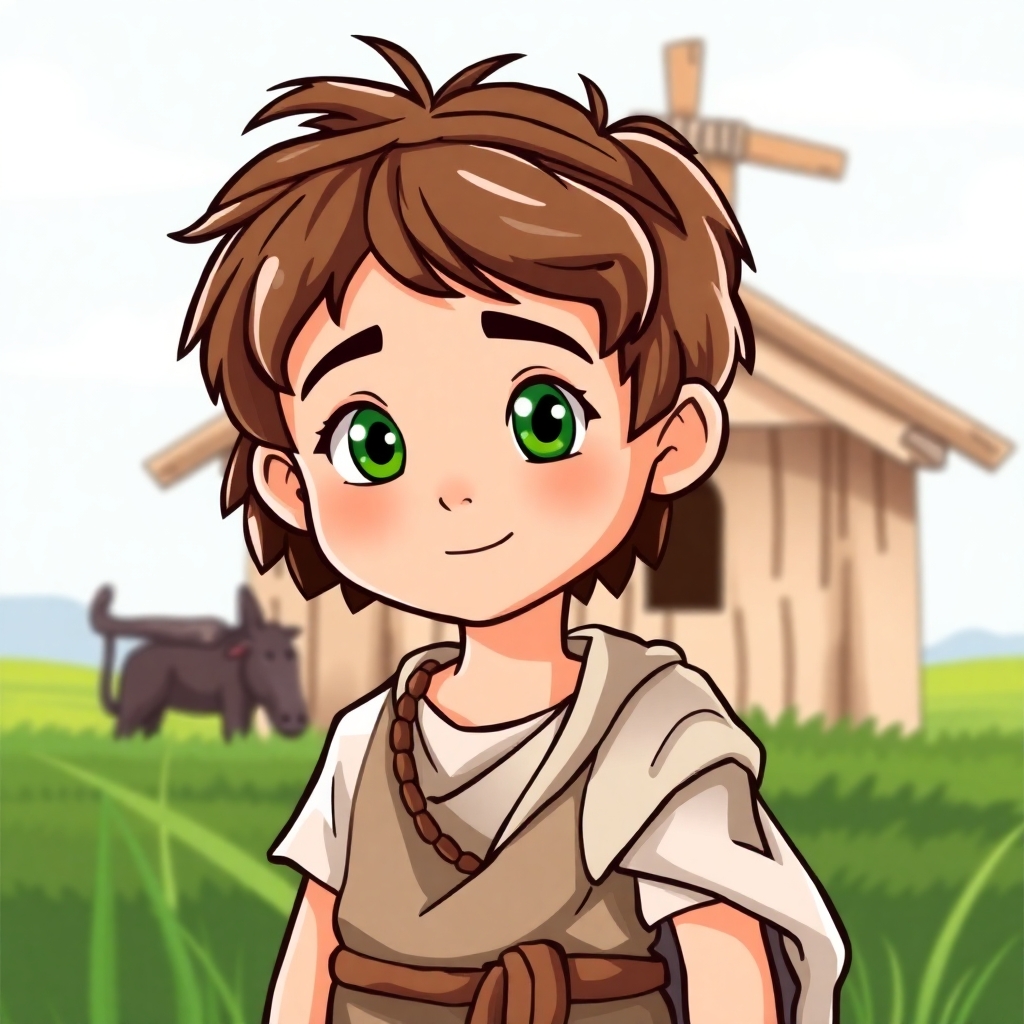 a cartoon drawn little boy with brown hair and green eyes at age 11 on a farm. This is for a children's book so make him cute, innocent and likeable for the reader to look at. I would like the same character doing the following: wearing 815 BC Ancient Greece clothes. https://www.imagiyo.com/images/mxkaz6Y5aJ0P/view
