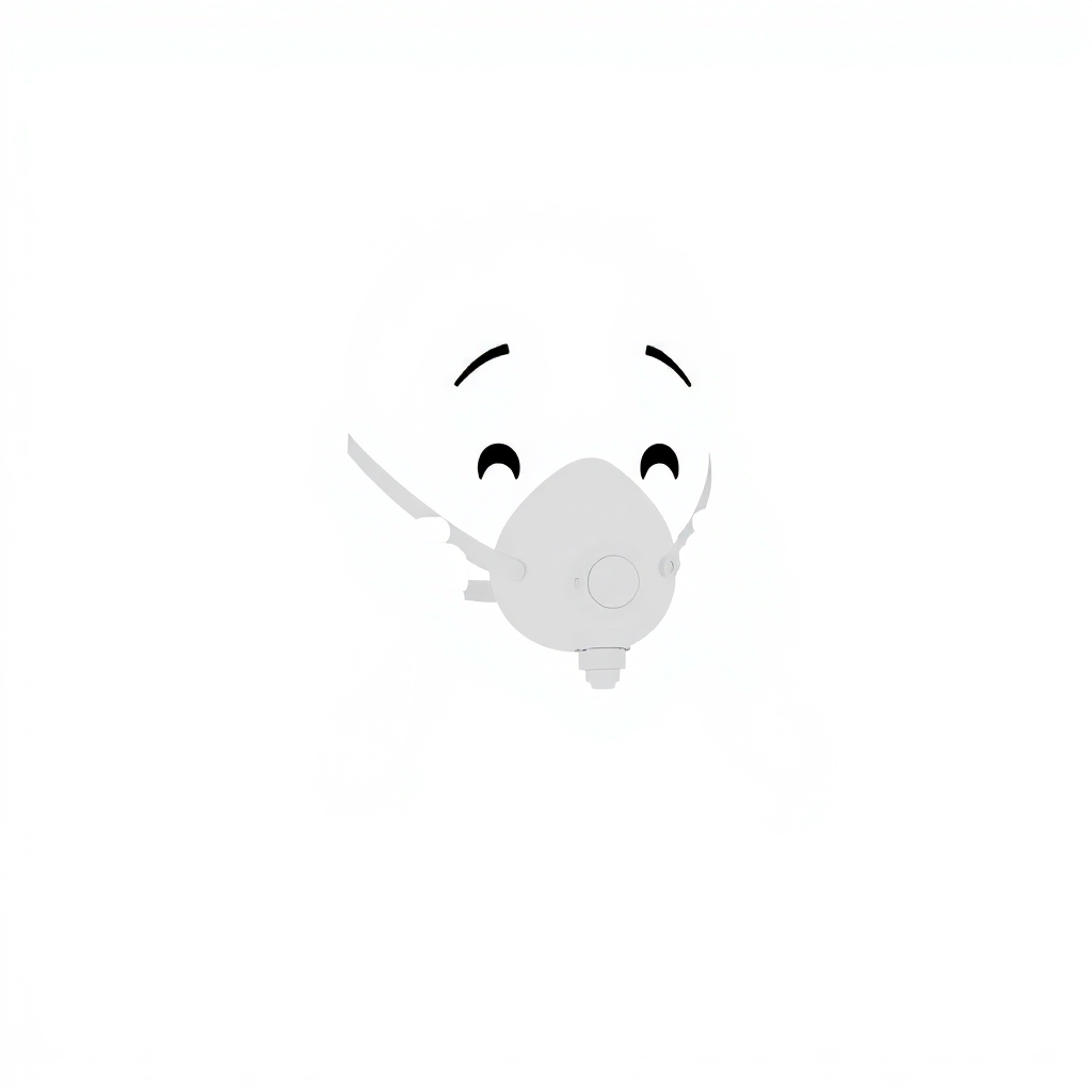 minimalist 3d white-on-white cartoon character putting on oxygen mask no facial features and no elaboration or detail. transparent background