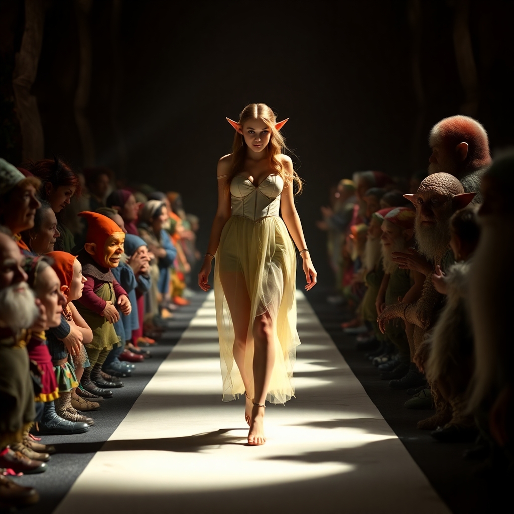 A brightly lit, sexy, female elf model walks down a narrow catwalk towards the camera wearing a gossamer dress between an audience of goblins, gnomes and trolls in the shadows on both sides