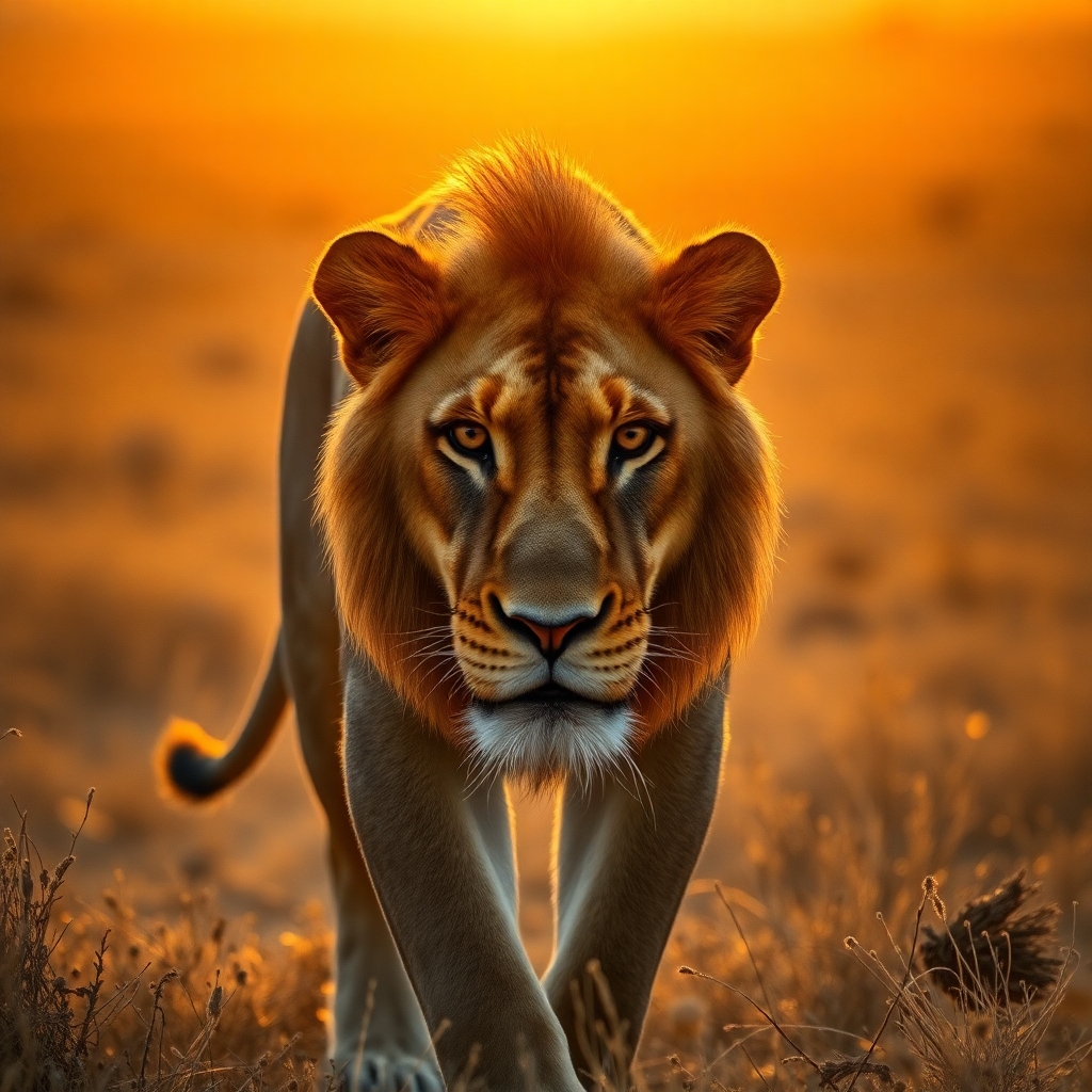 A lion walking in the golden desert, strong sunset lighting, close-up on the face