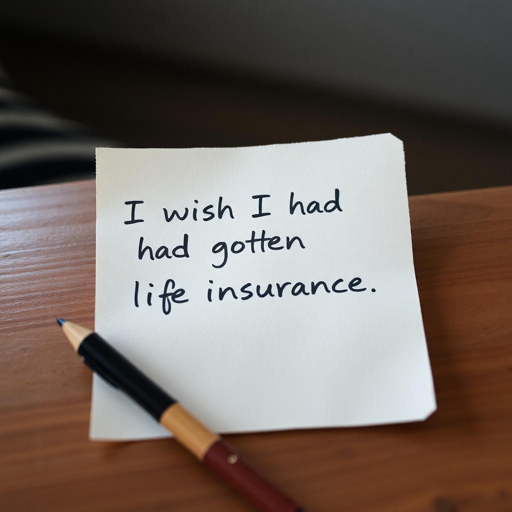 Image: A handwritten note: “I wish I had gotten life insurance