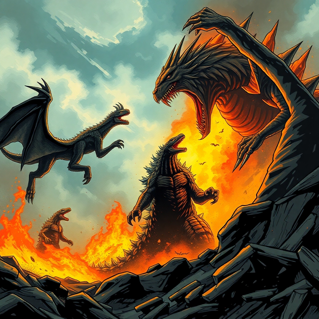Godzilla fighting against Hellhound