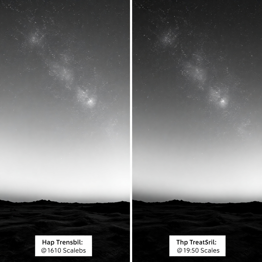 Create a Black and White image that that demonstrates image scale, resolution, and detail with side-by-side comparison images showing the effect of different image scales: one with a higher scale with a grid with larger squares (pixels) covering a wider area of the sky and the other with a grid with smaller squares (pixels) covering a smaller area of the sky with no labels