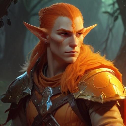 A fifth-edition dungeons and dragons characer who is a young male eladrin druid with orange luminous skin, a low strength.