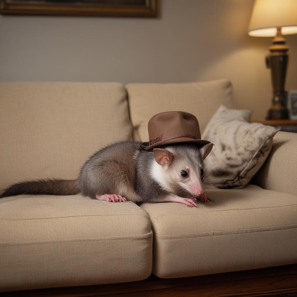 photograph, candid shot, famous randomly couch and randomly finished with randomly Opossums, center point for an Opossum wearing a hat, Use camera is Canon EOS 5D Mark IV with a Canon EF 24mm f/1. 4L II USM lens, set at aperture f/2. 8 for a depth of field that highlights the furniture clean lines with rich and many detail, randomly color and finished, soft ambient light, studio light setting, ultra realistic, UHD, many details