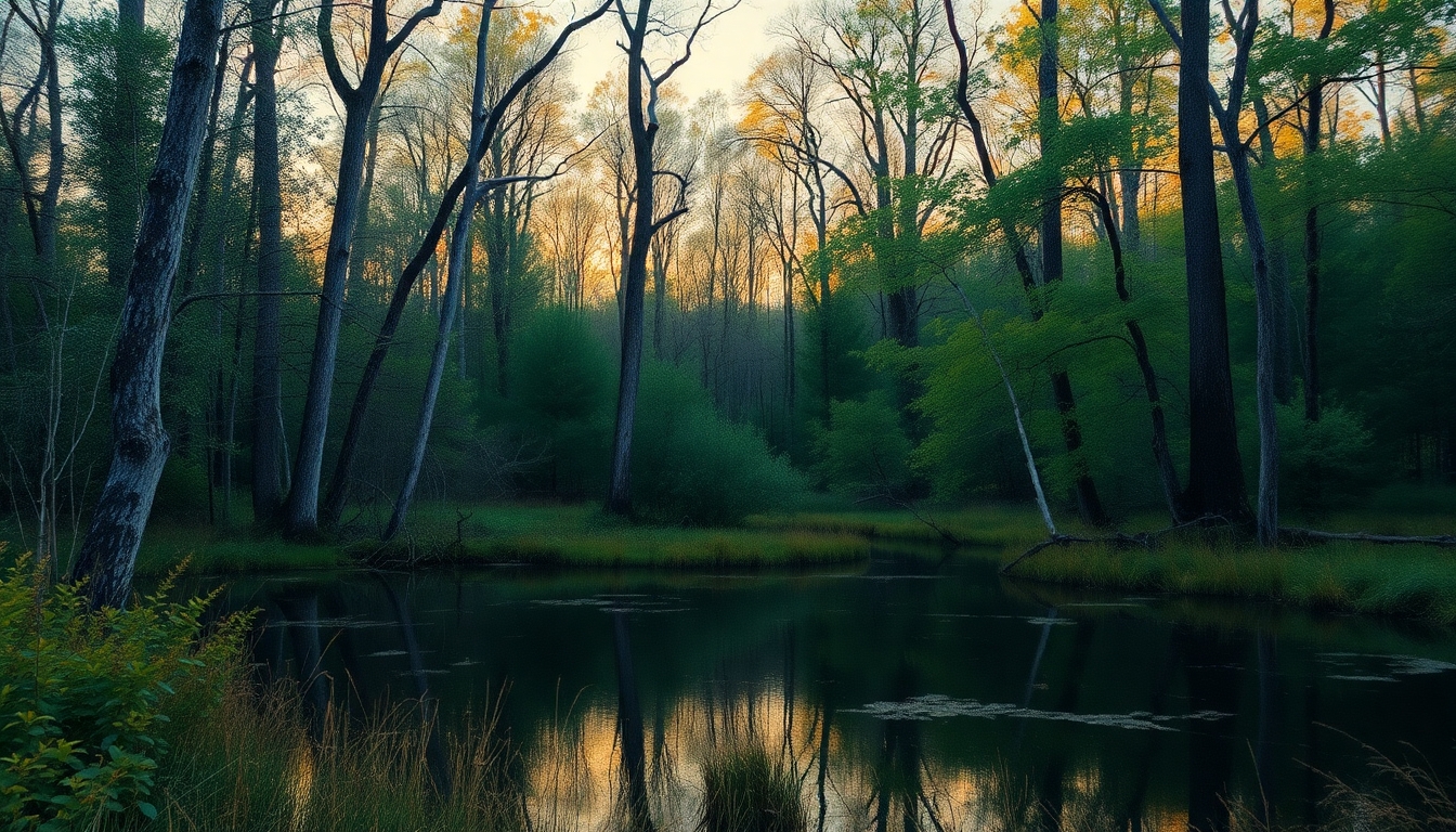 Woodland view over a pond. Impressionist painting style.