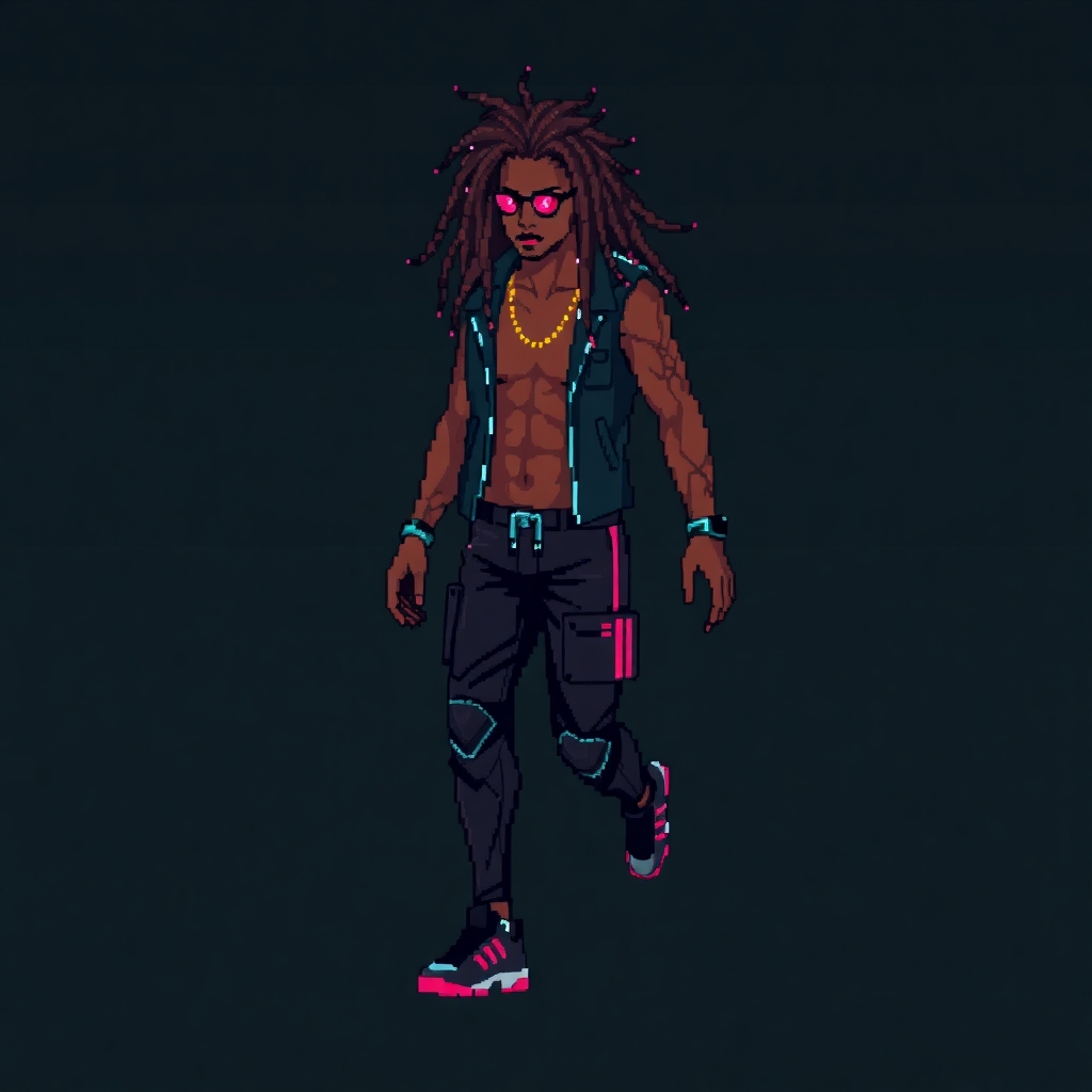 Generate a 16 bit spritesheet of a 2d cyberpunk male with dreadlocks. TIleset should include a walking, running, jumping, and standing animation.